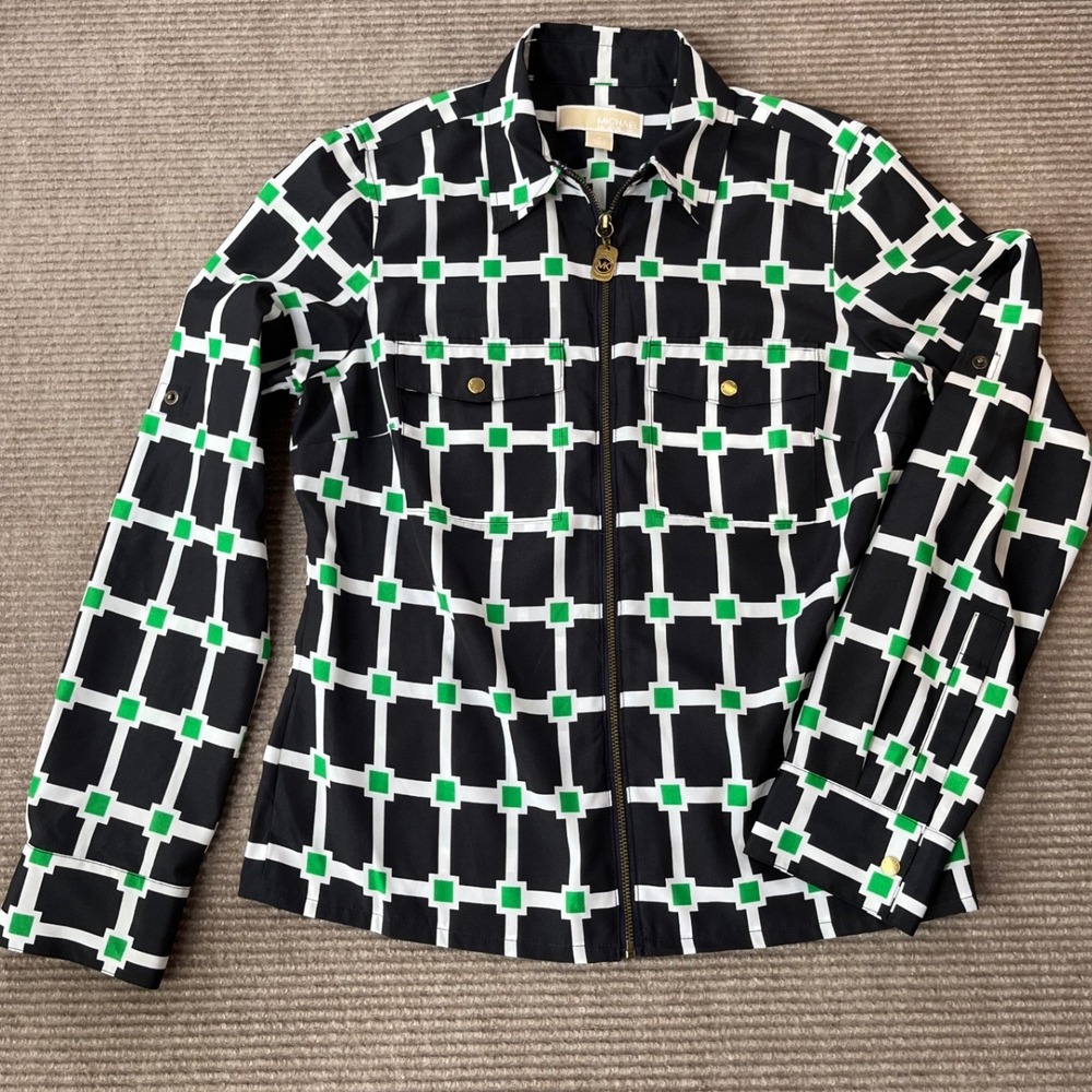 Michael Kors Women Sz S Black Green Geometric Zip Front Roll Tab Utility‎ Jacket